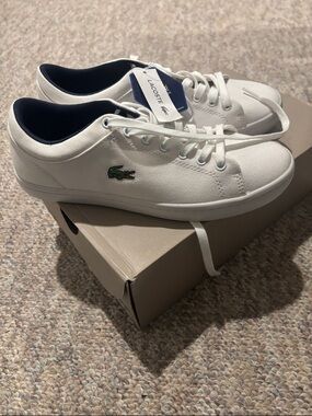 Lacoste Men's White Low-Top Canvas Sneakers with Navy Interior